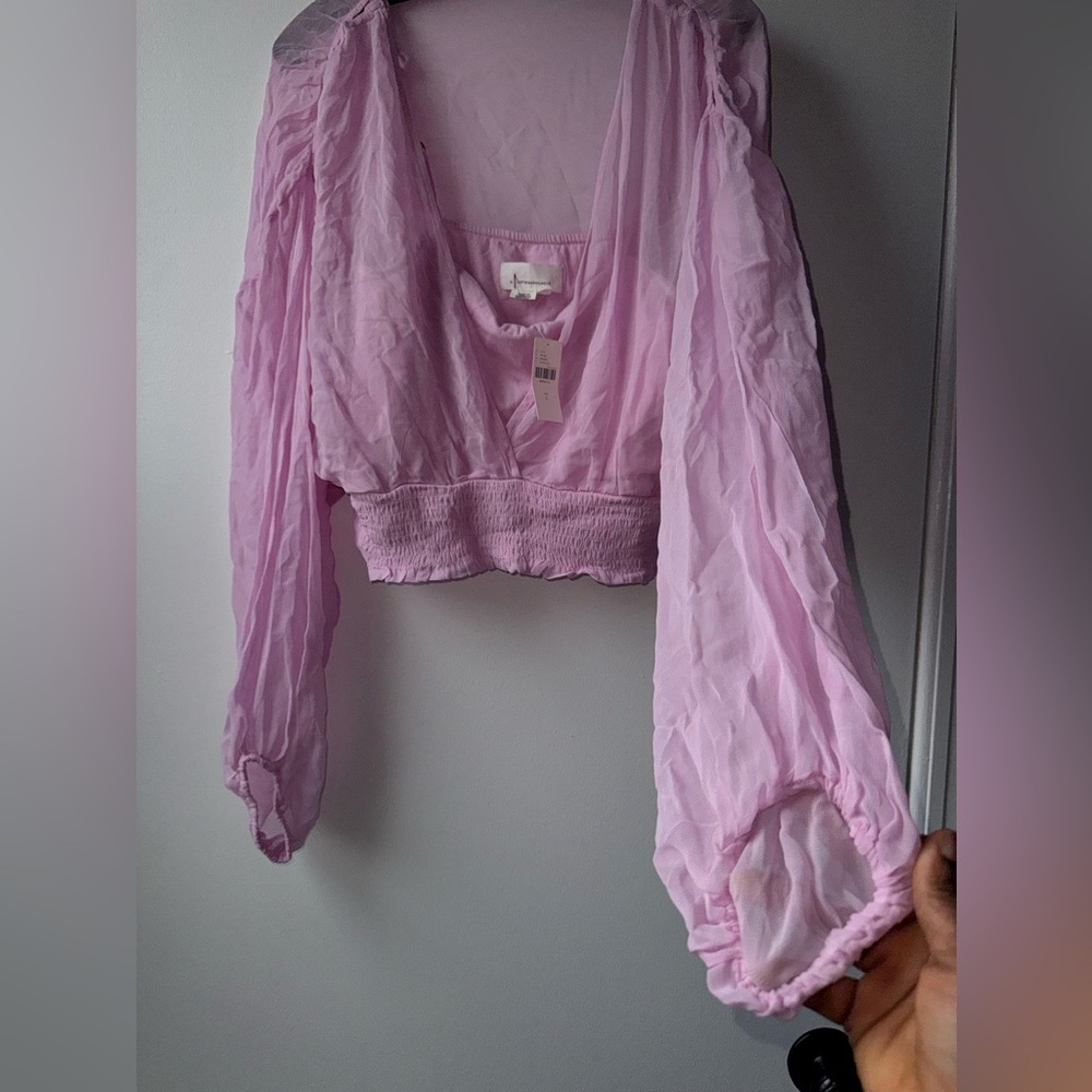 Anthropologie Pale Lilac Sheer Peasant Blouse with Smocked Waist - Picture 10 of 14
